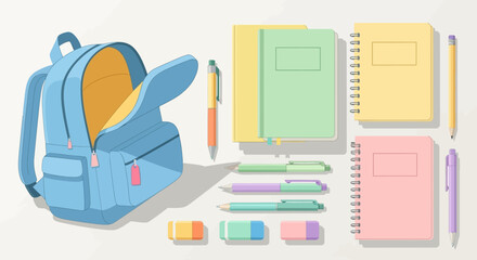 Flat vector illustration of essential school supplies featuring an open backpack, colorful notebooks, pens, and erasers for an education theme.