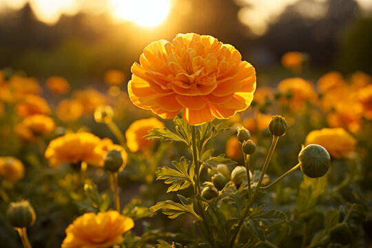Marigolds blooming in the rice fields
