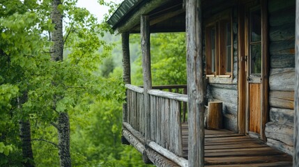 Balcony made of weathered timber on a remote wooden cabin, surrounded by wilderness and the sounds of nature