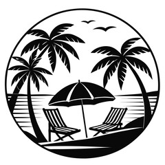 Tropical beach scene with palm trees and lounge chairs