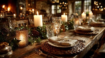 Naklejka premium Warmly lit rustic dining table setting with candles and festive greenery for a cozy gathering
