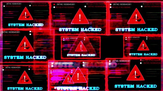 Red Neon 'SYSTEM HACKED' Warning with Glitch Digital Background Representing Cyber Attack or Security Breach