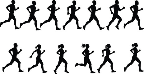 Silhouette of male and female runners, fitness sequence, athletic motion, exercise concept, sports activity, healthy lifestyle, vector illustration, dynamic pose