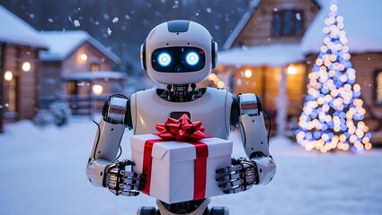 Friendly humanoid robot with glowing eyes holds a Christmas gift in snowy village with festive string lights