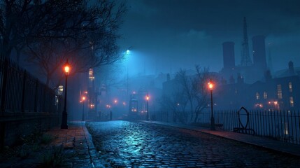 Misty Night Street with Warm Orange Streetlights