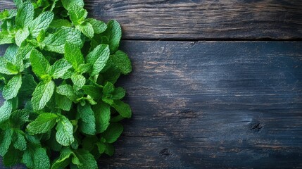 Bunch of vibrant mint leaves arranged on a rustic wooden surface, symbolizing freshness, flavor, and herbal aroma