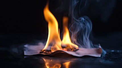 Burning paper in slow motion, flames licking the surface while delicate smoke rises into a black backdrop