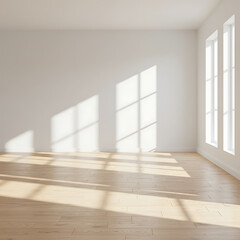 Spacious empty room with white walls and sunlight casting shadows from windows on a wooden floor.