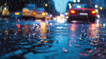Car crossing a flooded urban street under pouring rain, reflecting city lights and raindrops hitting the windshield
