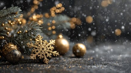 modern black Christmas background, gold snowflakes and glitter, dramatic lighting with bokeh, pine branches with golden ornaments, luxury festive decor