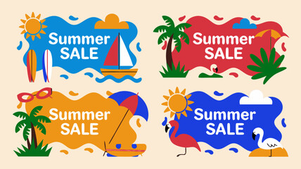 Colorful summer sale banners featuring beach elements and vibrant summer themed illustrations