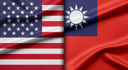 USA and Taiwan Flags with Realistic Fabric Texture and Dramatic Lighting Reflecting Global Chip Industry and Political Tension JPG