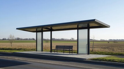Obraz premium Clean bus stop structure with seating bench under a clear sky, positioned near a rural road with no traffic