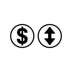 Money Symbol and Arrow: A pair of symbolic icons. one featuring dollar sign while other containing vertical bidirectional arrow. Expressing trade, or the dynamics of financial transaction 