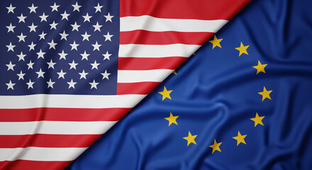 Obraz premium USA and European Union Flags with Realistic Fabric Texture and Dramatic Lighting Representing Global Trade and Diplomacy JPG