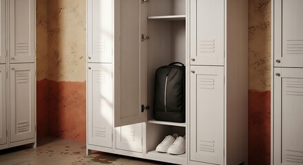 Fototapeta premium Organized Locker Room Scene with Backpack and Sneakers, Clean White Lockers Featuring Everyday Items in a Locker Room