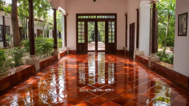 Bright reflections dance on terracotta tiles in a tropical courtyard with colonial architecture