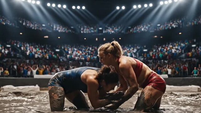 Two young women playing muddy wrestling together on arena stadium in the summer sun