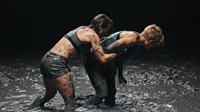 Two young women playing muddy wrestling together on arena stadium in the summer sun