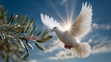 A radiant white dove with outstretched wings descends from the heavens towards an olive branch bathed in sunlight