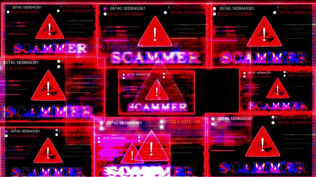 Scammer Activity Warning Display with Neon Exclamation Mark and Digital Data on Black Background