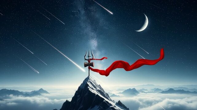 Trishul on Mountain Peak Under Starry Sky &ndash; Symbol of Lord Shiva and Cosmic Power