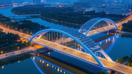Obraz premium This image shows a modern illuminated bridge with a twin-arch design over a river at night, symbolizing advanced urban infrastructure and smart city technology.