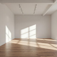Spacious empty room with white walls, hardwood flooring, and bright sunlight casting shadows