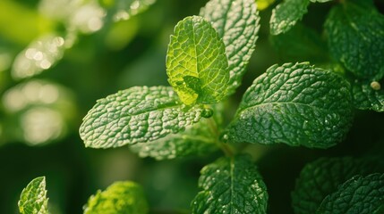 Close-up of mint leaves with visible veins and crisp edges, capturing freshness and botanical detail against soft light