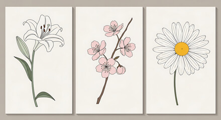 White Lily Pink Cherry Blossom Yellow Daisy Flower Prints Set