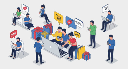 Isometric concept of people shopping online using laptops and smartphones, engaging in e-commerce with digital payments and discounts.