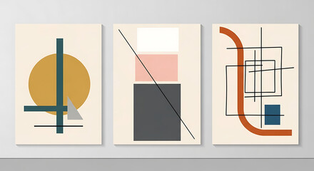 Abstract Geometric Wall Art Triptych Mustard Pink Gray Teal
