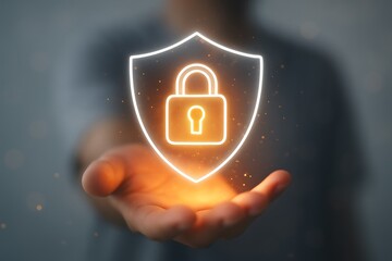 Glowing shield padlock symbol held in open palm person hand