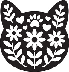 Floral Cat Head Vector Icon: Black and White Sign, Cute Pet Symbol, Simple Design