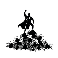 Superhero silhouette standing atop a large pile of spiders, symbolizing overcoming adversity.