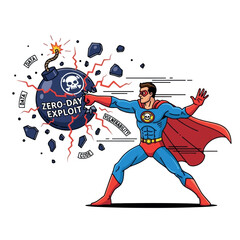 Superhero punching a bomb labeled "Zero-Day Exploit", with debris and lightning effects.