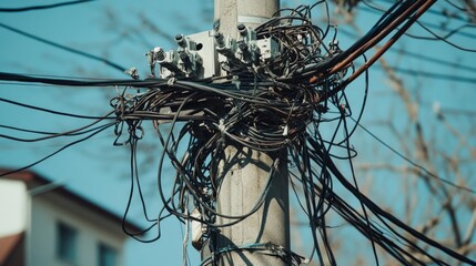 Dangerous outdoor electrical pole overloaded with tangled wires and cables