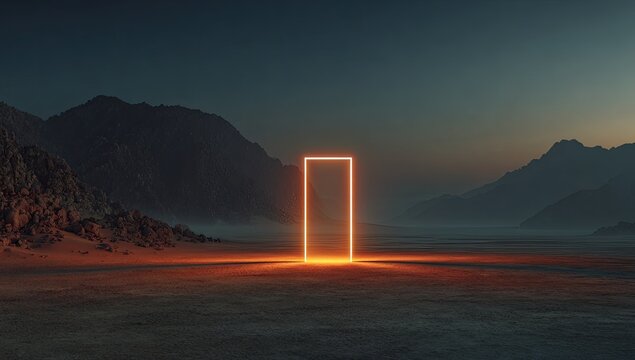 A luminous orange rectangle portal in a desolate desert landscape at twilight