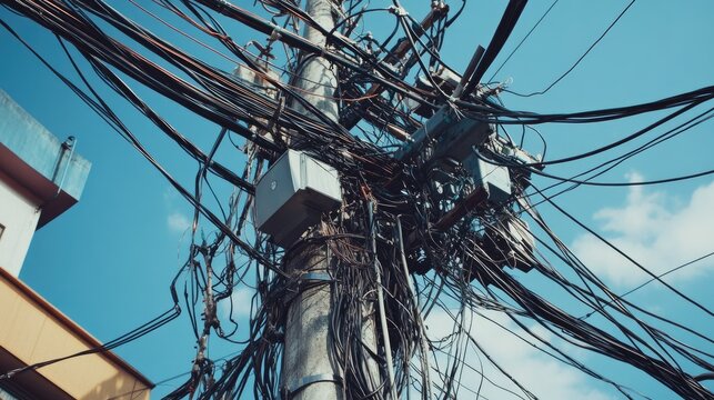 Dangerous outdoor electrical pole overloaded with tangled wires and cables - Powered by Adobe