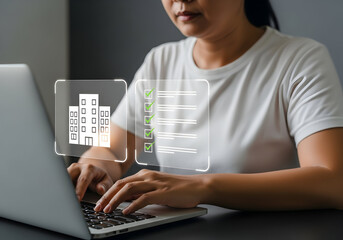 Futuristic Businesswoman Interacting with Augmented Reality Interface for Data Visualization and Digital Workflow Management