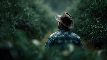 Farmer inspecting fruit trees in a lush verdant orchard