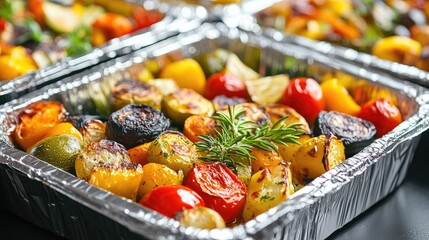 Disposable foil trays filled with colorful roasted vegetables and proteins, ready for delivery or buffet service