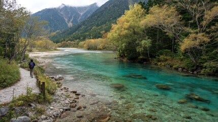 Autumnal river pathway through foliage