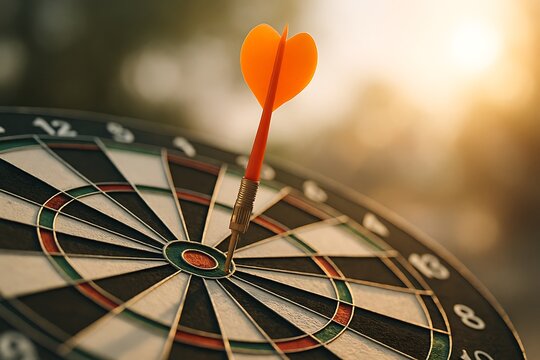 Orange dart hitting bullseye on circular target dartboard