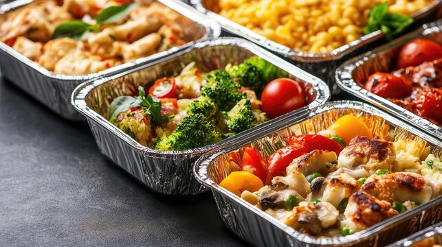 Disposable foil containers filled with assorted cooked meals, prepared for takeaway or meal delivery services