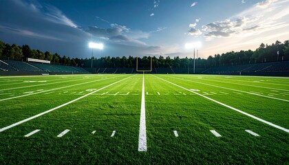 Empty professional football stadium at dusk, illuminated by floodlights. Vivid green grass field with white yard lines, viewed from sideline perspective