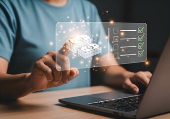 Futuristic Digital Financial Interface with Augmented Reality Visualization and Interactive Data Panels