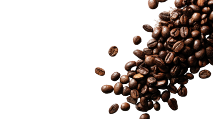 A handful of coffee beans poured onto a white surface, top-down perspective isolated on a Transparent background, PNG file.