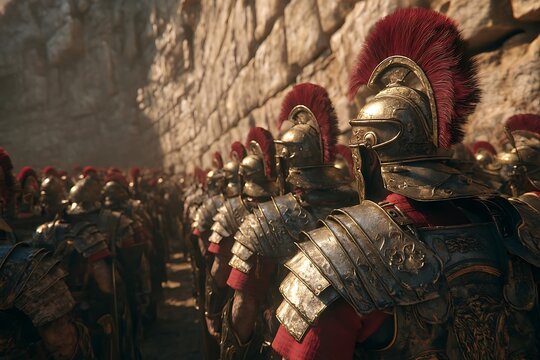 Powerful Roman legionaries in formation, ready for battle, showcasing historical might and military discipline.