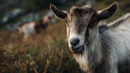 Goat on a farm surrounded by green hills
